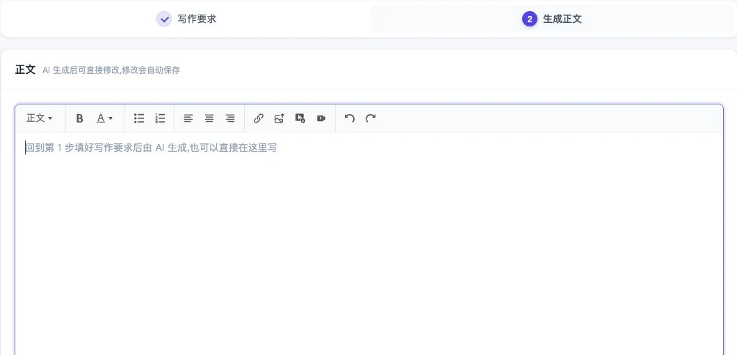 正文编辑区:可以人工修改和复制全文。图中为未生成内容的示例草稿。